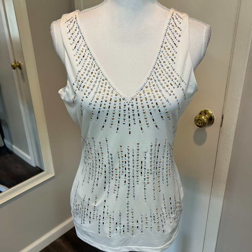 Cache White Double Layer Tank top with silver/gold beadwork, Size Medium